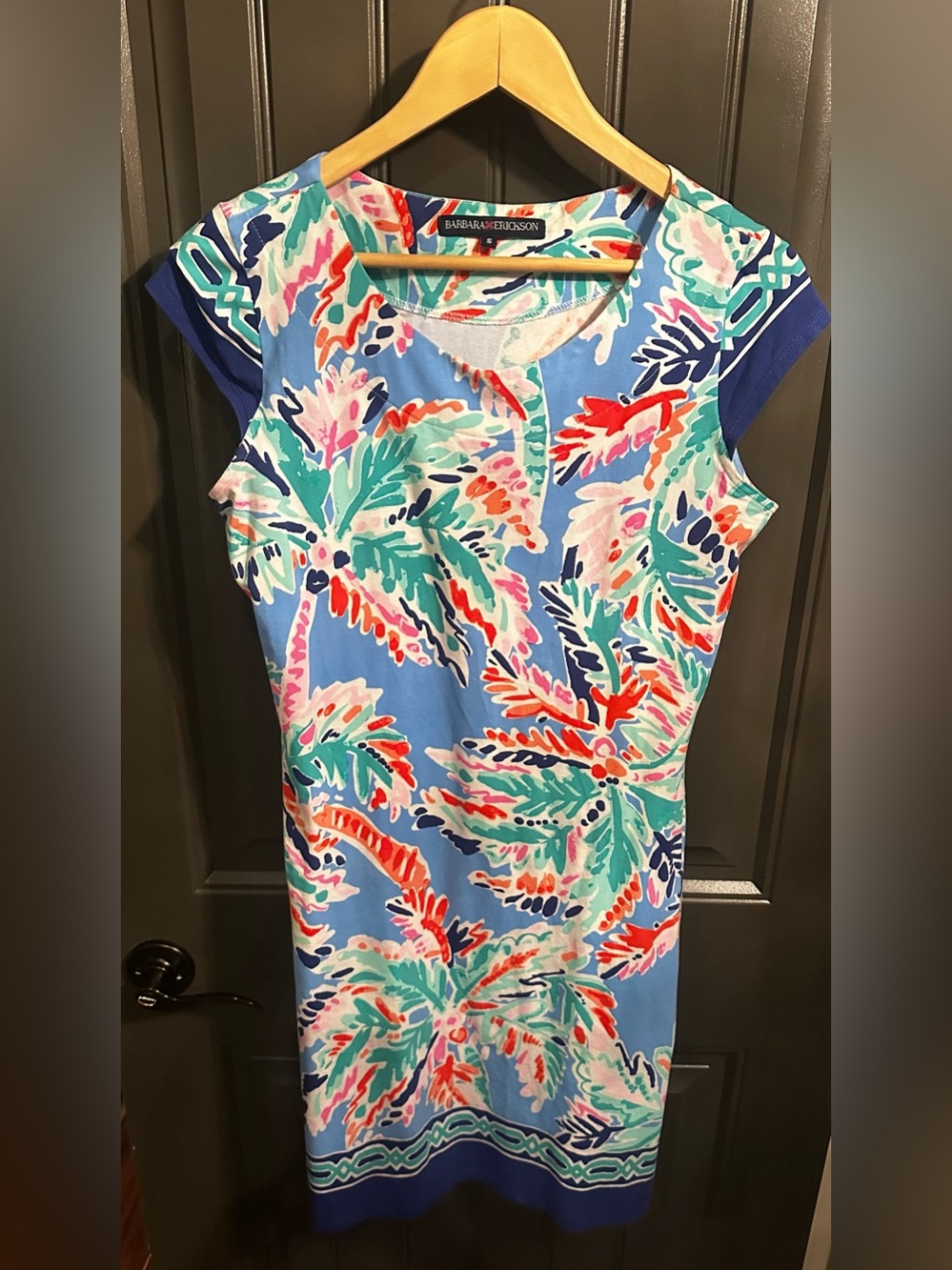 Barbara Erickson Tropical Palm Shift Dress in Sky Blue with Navy Trim
